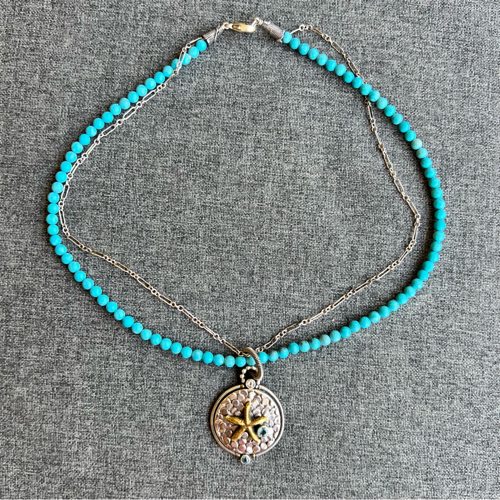 Mars And Valentine Turquoise Beaded Starfish Pendant Necklace With Silver Chain